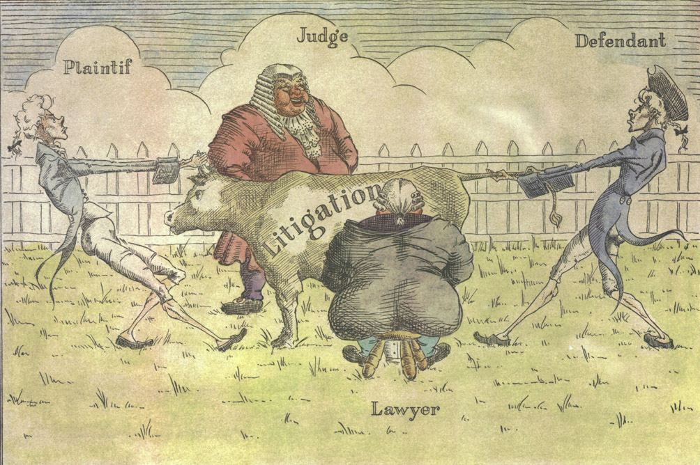 A nineteenth century satirical print titled Litigation: a plaintiff hauls on a cow's horns while a defendant pulls its tail, a lawyer sits beneath milking it, and a judge looks on.